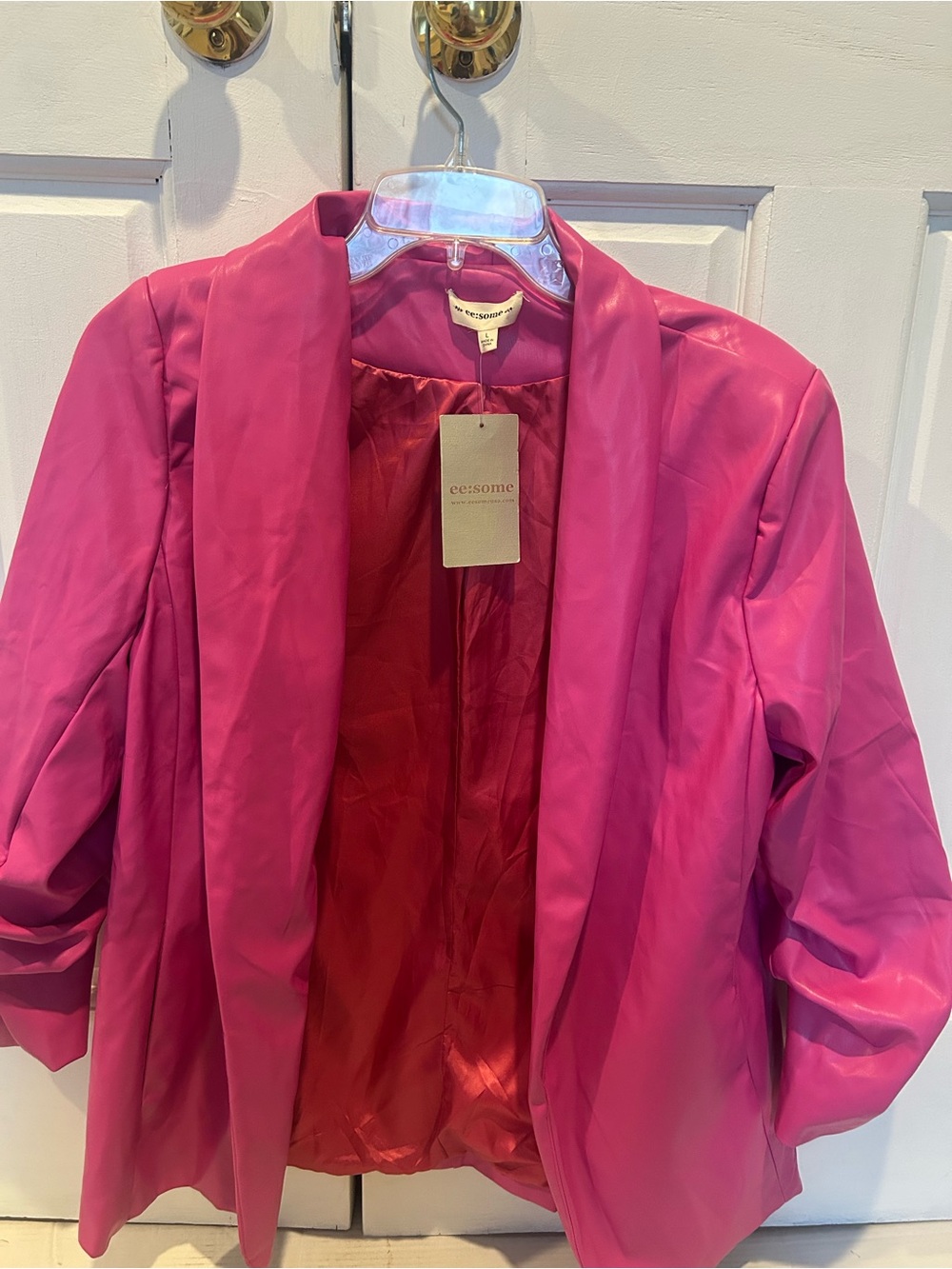 eesome Hot Pink Faux Leather Collar Blazer